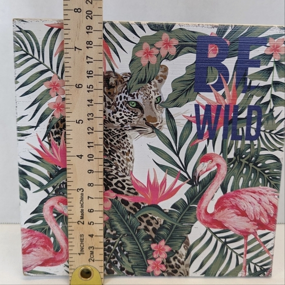 Be Wild Wood Wall Art w/ Flamingos, Jaguar, Pink Flowers & Tropical Leafy Plants - Picture 6 of 7